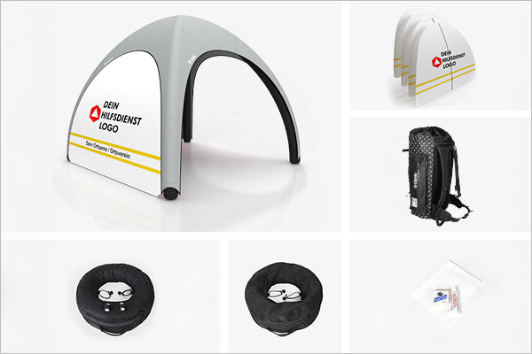 Der Lieferumfang des GYBE Schnelleinsatzzelt - Seitenwände / Zelt / Beschwerung