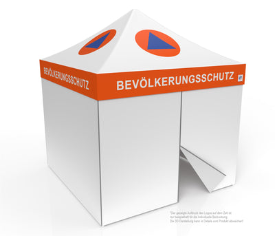 E-Z UP Faltzelt für Hilfsorganisationen 3x3 m, Stahlgestell Eclipse, weiß-orange mit Dachdruck Bevölkerungsschutz, Seitenwände geschlossen
