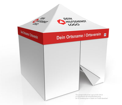E-Z UP Faltzelt für Hilfsorganisationen 3x3 m, Stahlgestell Eclipse, Beispiel DRK mit Logo und Ortsname, Seitenwände geschlossen
