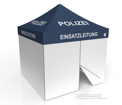 E-Z UP Faltzelt für Hilfsorganisationen 3x3 m, Stahlgestell Eclipse, dunkelblau mit Dachdruck „POLIZEI Einsatzleitung“, Seitenwände geschlossen