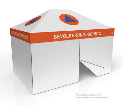 E-Z UP Faltzelt für Hilfsorganisationen 3x4,5 m, Stahlgestell Eclipse, weiß-orange mit Dachdruck Bevölkerungsschutz, Seitenwände geschlossen