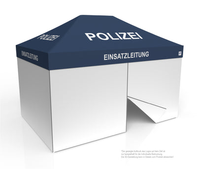 E-Z UP Faltzelt für Hilfsorganisationen 3x4,5 m, Stahlgestell Eclipse, dunkelblau mit Dachdruck „POLIZEI Einsatzleitung“, Seitenwände geschlossen