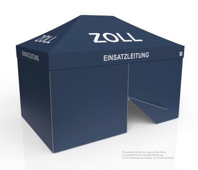 E-Z UP Faltzelt für Hilfsorganisationen 3x4,5 m, Stahlgestell Eclipse, dunkelblau mit Dachdruck „ZOLL Einsatzleitung“, Seitenwände geschlossen