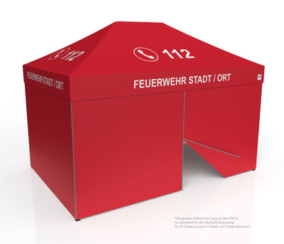 E-Z UP Faltzelt für Hilfsorganisationen 3x4,5 m, Stahlgestell Eclipse, rot mit Dachdruck „FEUERWEHR 112“, Seitenwände geschlossen