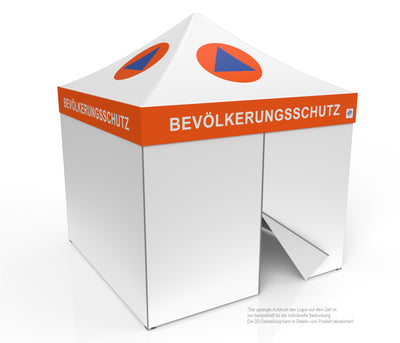 E-Z UP Faltzelt für Hilfsorganisationen 3x3 m, Alugestell Endeavor, weiß-orange mit Dachdruck Bevölkerungsschutz, Seitenwände geschlossen