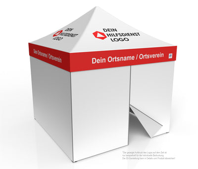E-Z UP Faltzelt für Hilfsorganisationen 3x3 m, Alugestell Endeavor, Beispiel DRK mit Logo und Ortsname, Seitenwände geschlossen