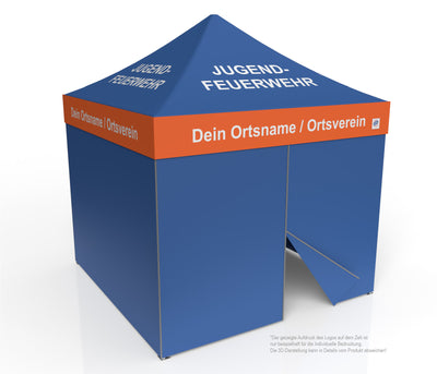 E-Z UP Faltzelt für Hilfsorganisationen 3x3 m, Alugestell Endeavor, blau-orange mit Dachdruck Jugendfeuerwehr, Seitenwände geschlossen