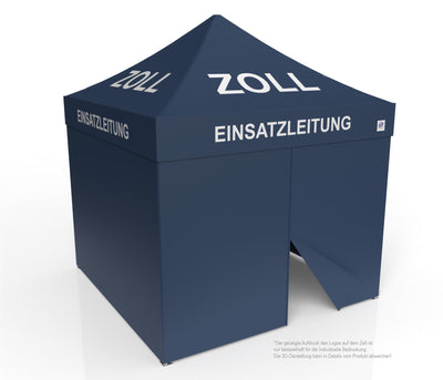 E-Z UP Faltzelt für Hilfsorganisationen 3x3 m, Alugestell Endeavor, dunkelblau mit Dachdruck „ZOLL Einsatzleitung“, Seitenwände geschlossen