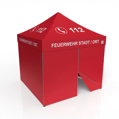 E-Z UP Faltzelt für Hilfsorganisationen 3x3 m, Alugestell Endeavor, rot mit Dachdruck „FEUERWEHR 112“, Seitenwände geschlossen