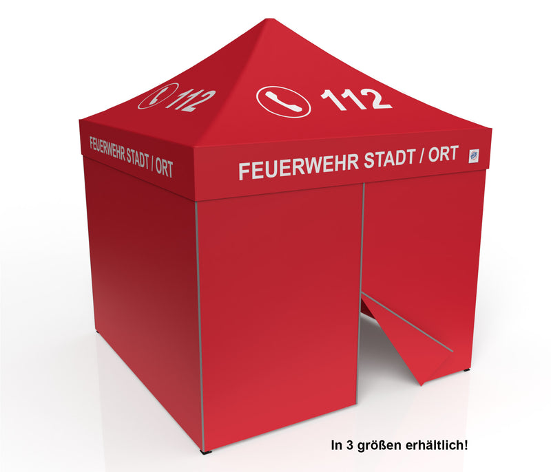 E-Z UP Feuerwehr-Pavillon in Rot mit Dachdruck „FEUERWEHR 112“ und Ortsname