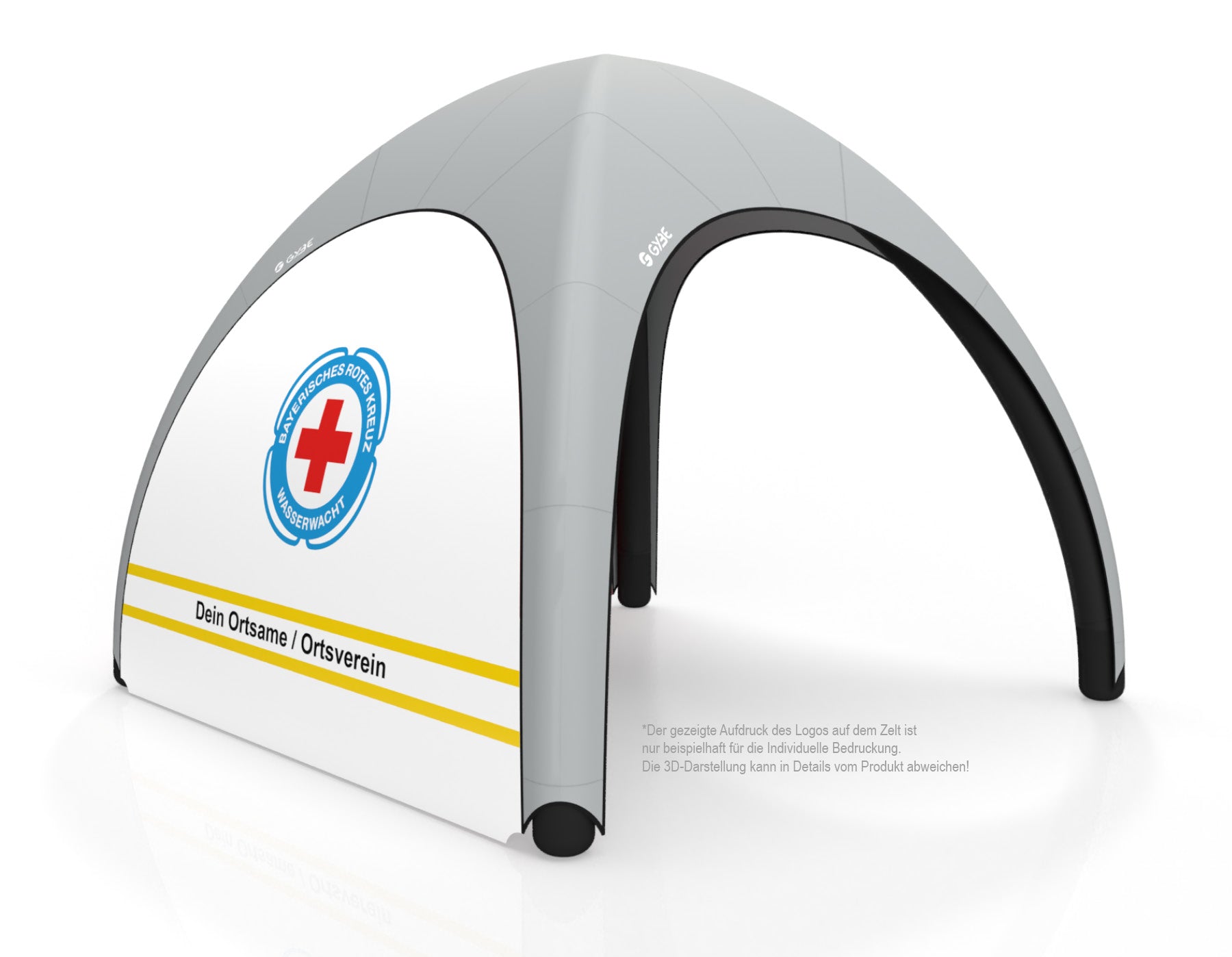 Aufblasbares Schnelleinsatzzelt Gybe Humanity Tent mit BRK Wasserwacht Logo und Ortsnamen | Sanitätszelt | Einsatzzelt