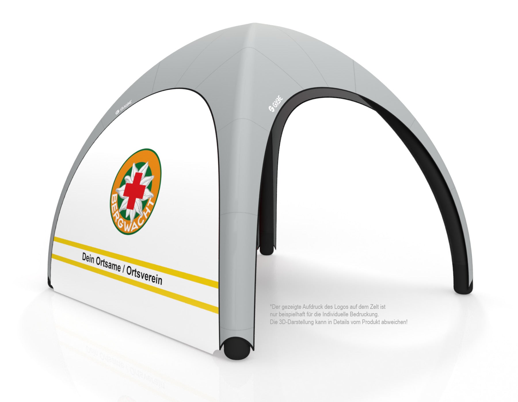 Aufblasbares Schnelleinsatzzelt Gybe Humanity Tent mit DRK Bergwacht Logo und Ortsnamen | Sanitätszelt | Einsatzzelt