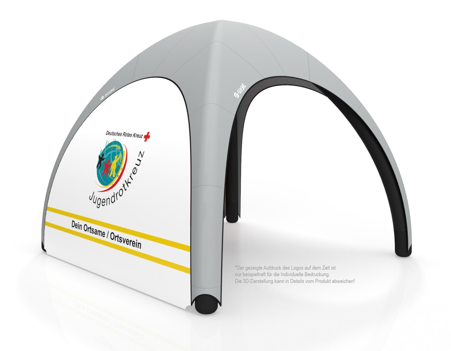 Aufblasbares Schnelleinsatzzelt Gybe Humanity Tent mit JRK Logo und Ortsnamen | Sanitätszelt | Einsatzzelt