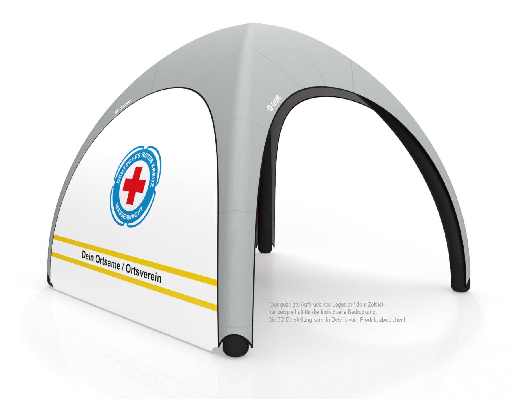 Aufblasbares Schnelleinsatzzelt Gybe Humanity Tent mit DRK Wasserwacht Logo und Ortsnamen | Sanitätszelt | Einsatzzelt