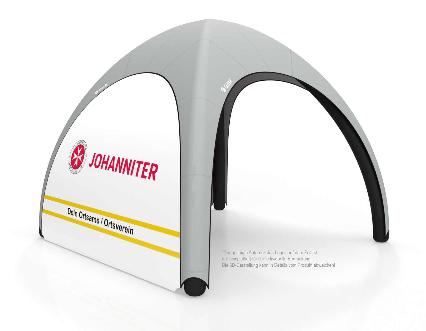 Aufblasbares Schnelleinsatzzelt Gybe Humanity Tent mit Johanniter Logo und Ortsnamen | Sanitätszelt | Einsatzzelt