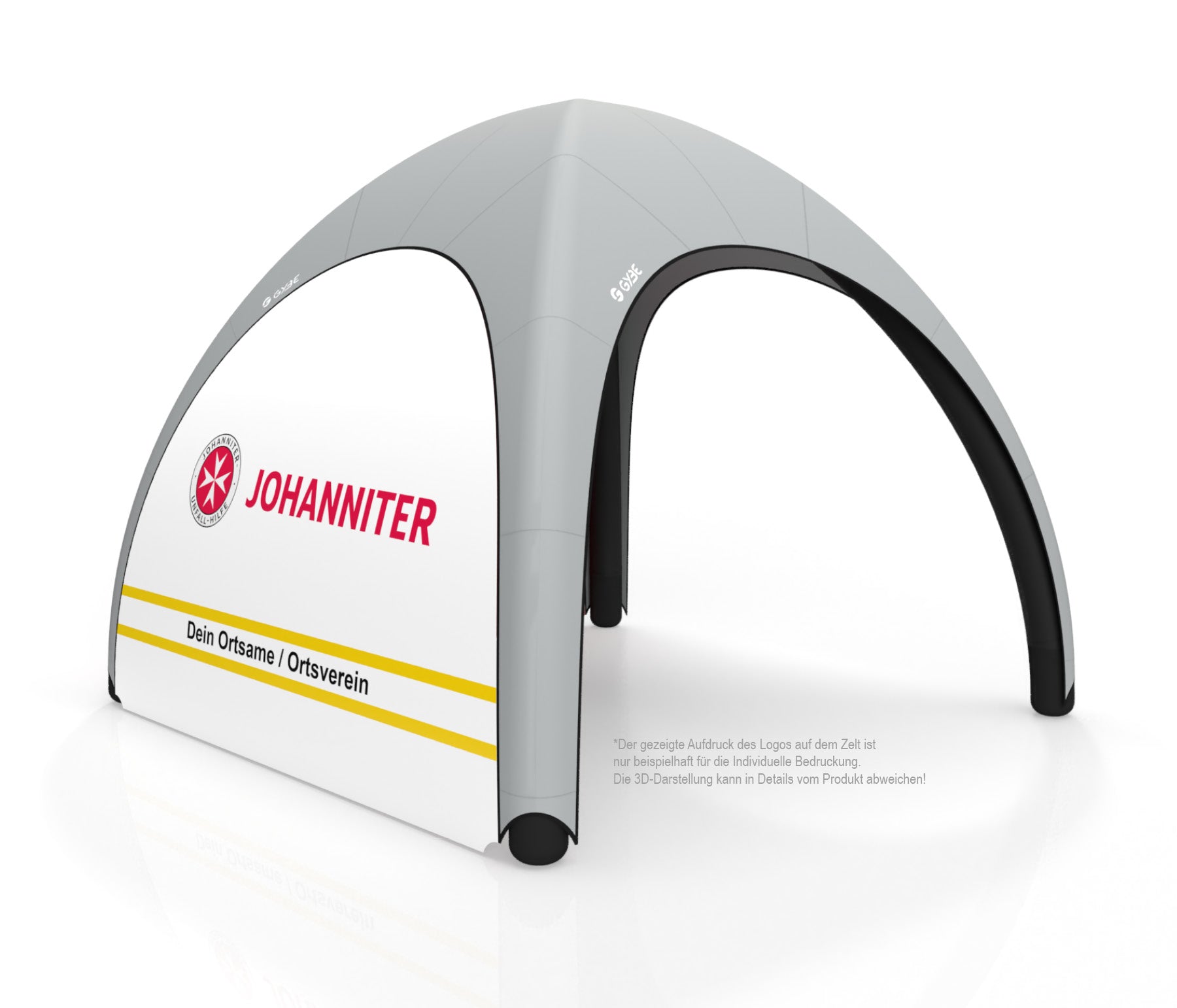 Aufblasbares Schnelleinsatzzelt Gybe Humanity Tent mit Johanniter Logo und Ortsnamen | Sanitätszelt | Einsatzzelt