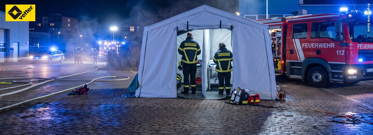Aufblasbares VETTER PSA-Umkleidezelt mit Schwarz-Weiß-Trennung für die Feuerwehr – KI-generierte Szene